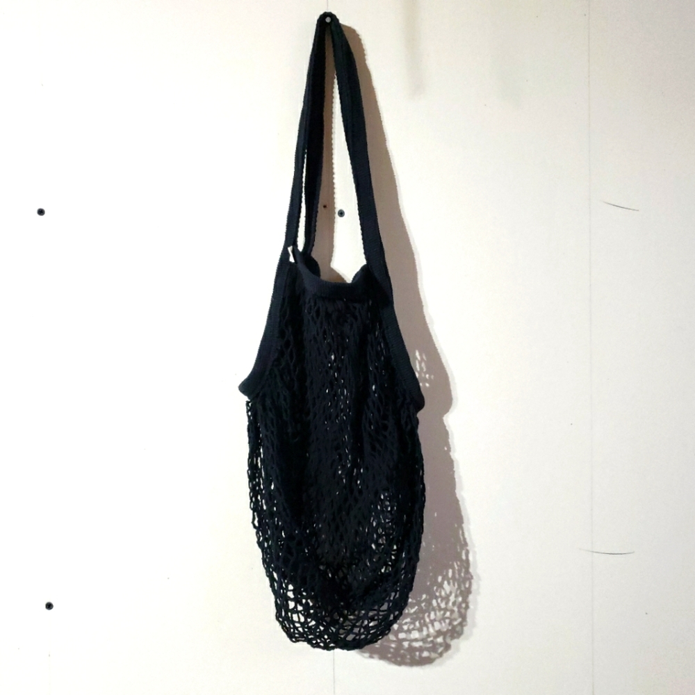 Black boho crochet market beach bag, mesh produce shopping vacation